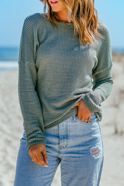 Waffle Knit Drop Shoulder Long Sleeve Top